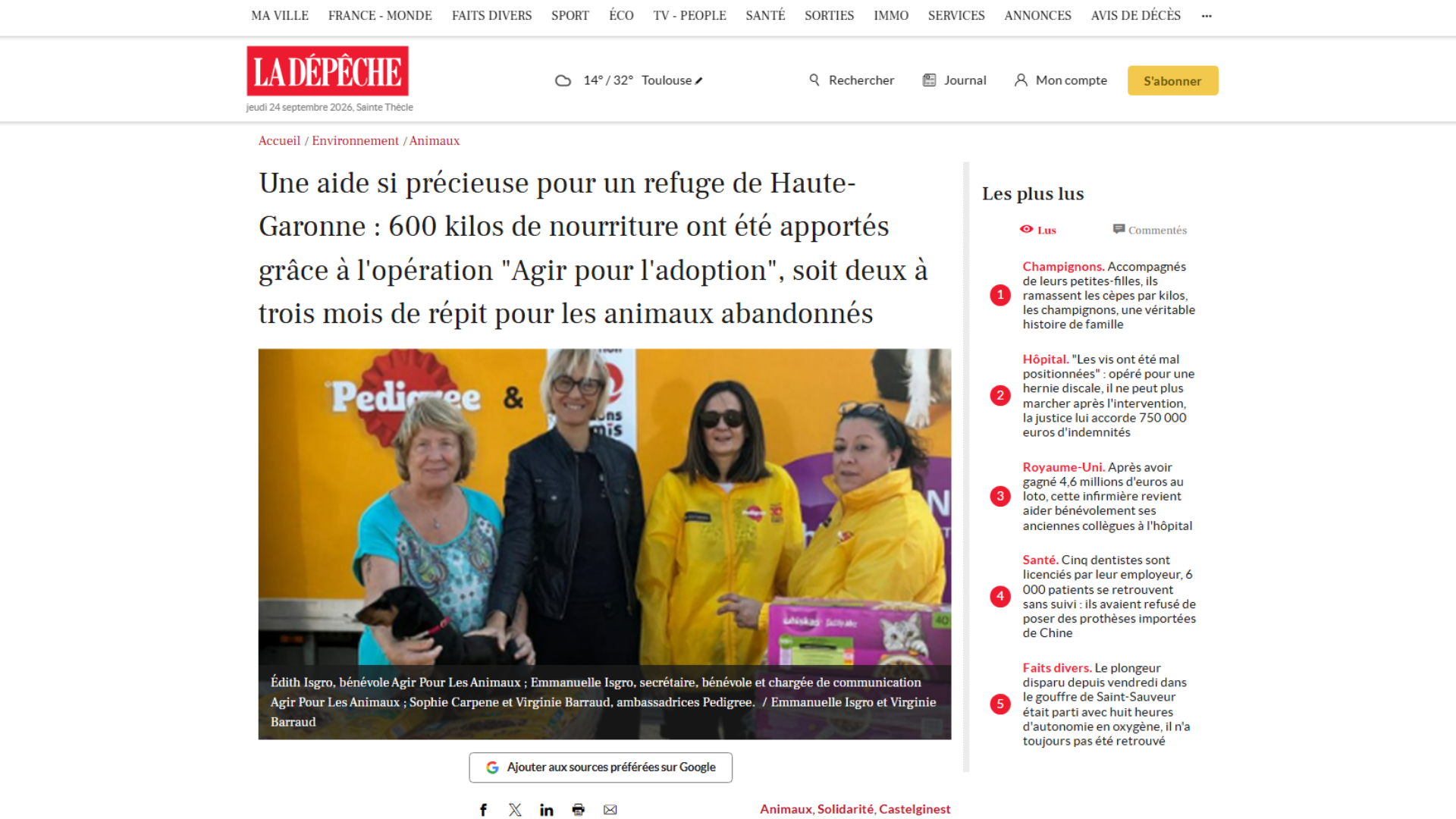 "AGIR POUR L'ADOPTION" AVEC PEDIGREE ET 30 MILLIONS D'AMIS - LA DÉPÊCHE 23.09.26